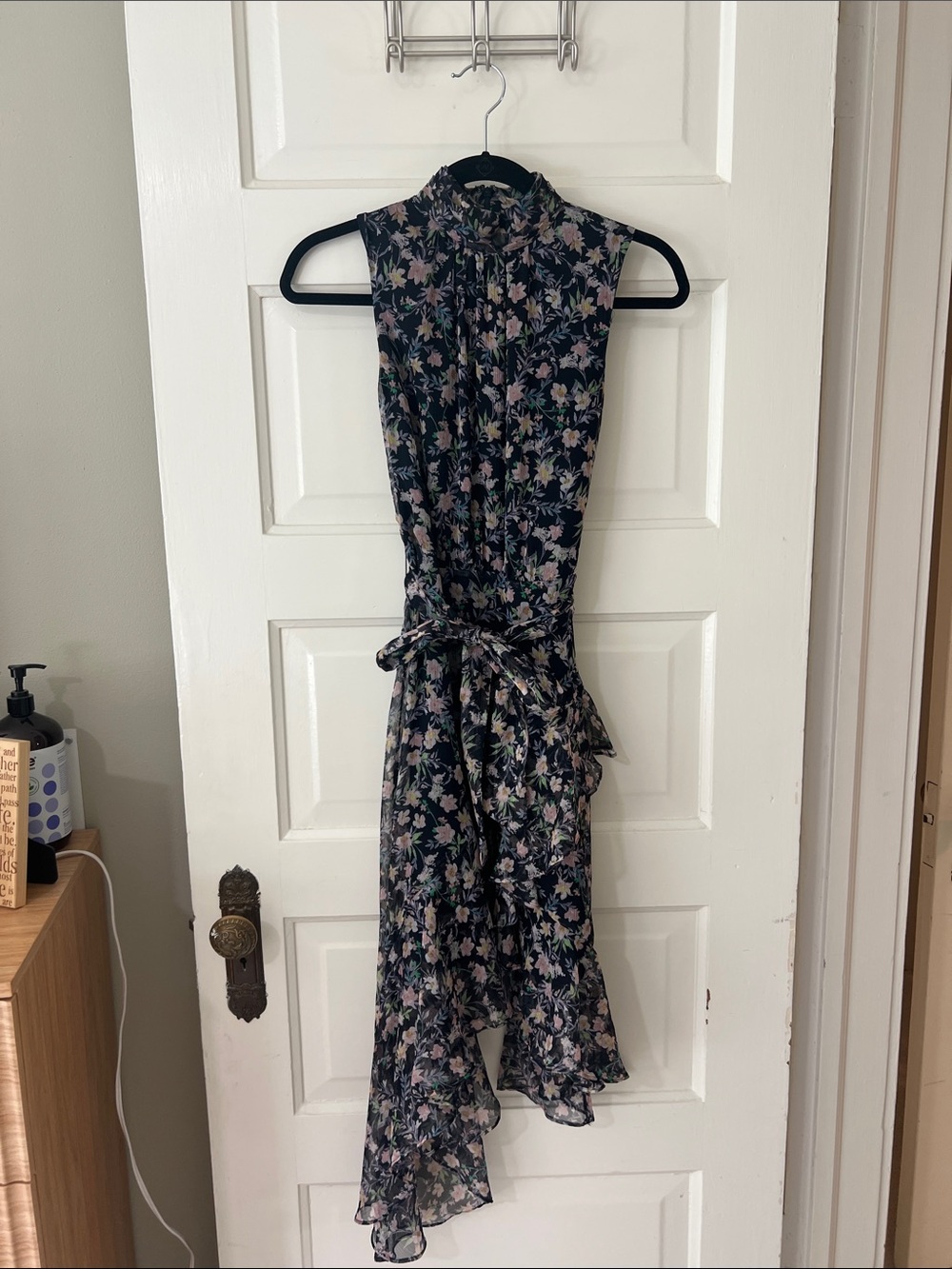 CeCe Black Floral High-Low Midi Dress with Tie Waist
